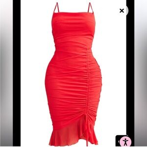 Lipstick Red Mesh Ruched Dress